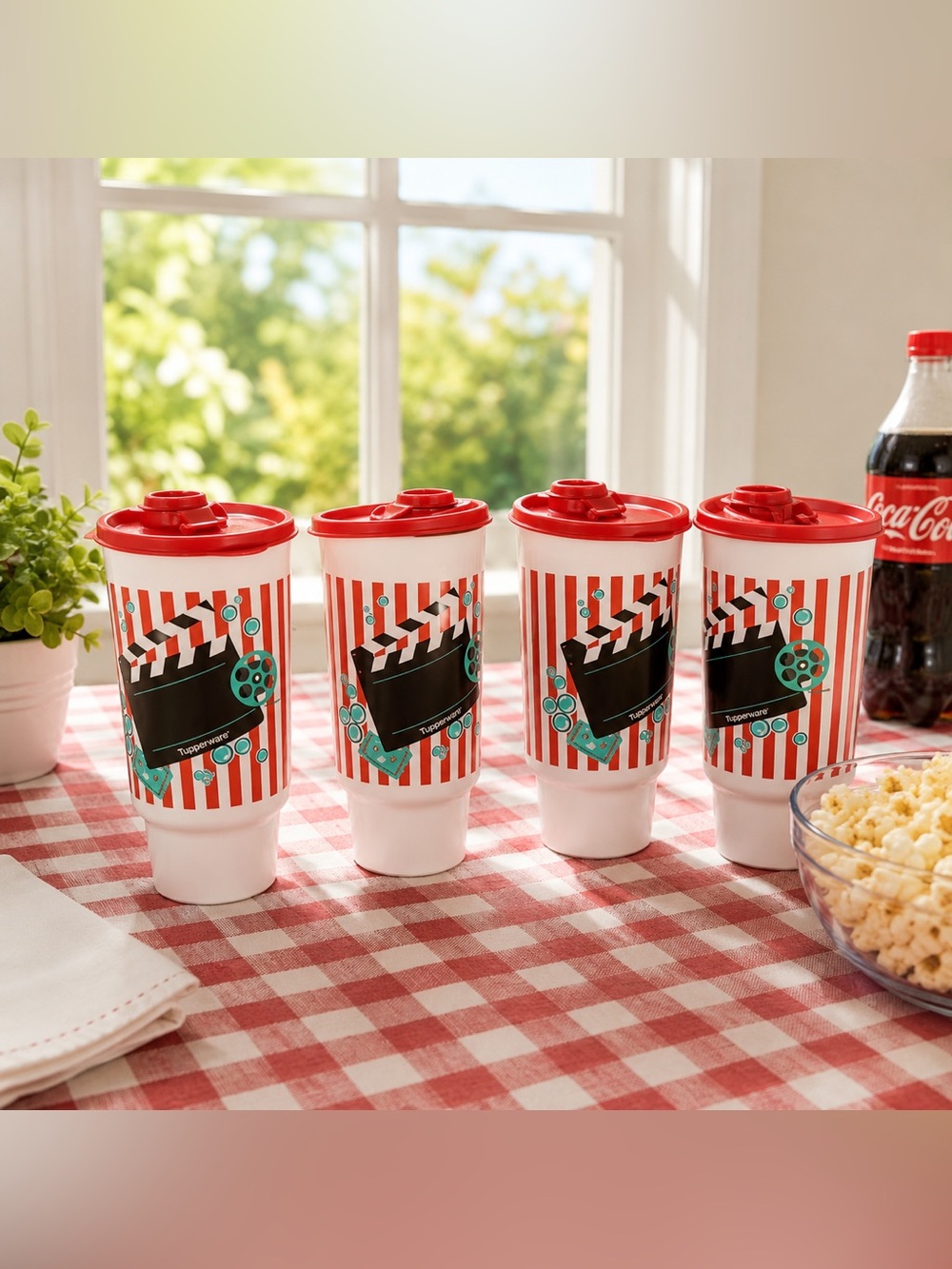 NWT Tupperware Movie Night Set 4, 32 oz c/u White & Red